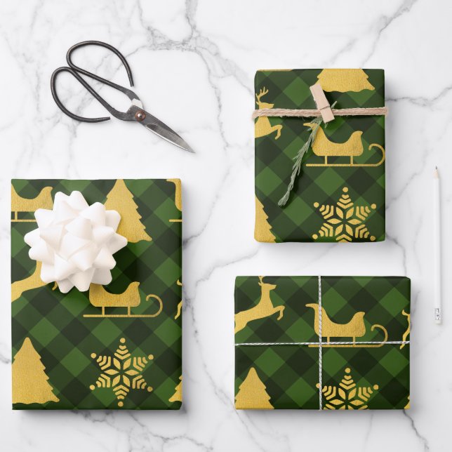 Christmas Green & Black Buffalo Plaid Gold Xmas  Wrapping Paper Sheets (Front)