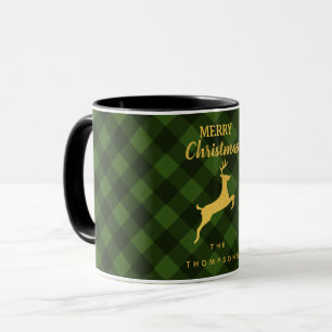 Christmas Green & Black Buffalo Plaid Reindeer Mug
