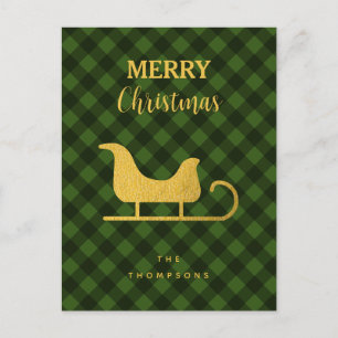 Christmas Green Black Buffalo Plaid Santa Sleigh Holiday Postcard