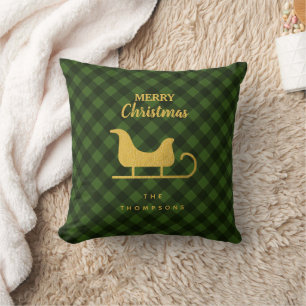 Christmas Green Black Buffalo Plaid Santa Sleigh Throw Pillow