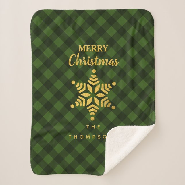 Christmas Green Black Buffalo Plaid Star Snowflake Sherpa Blanket (Front)