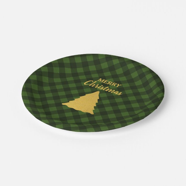 Christmas Green & Black Buffalo Plaid Xmas Tree Paper Plates (Angled)