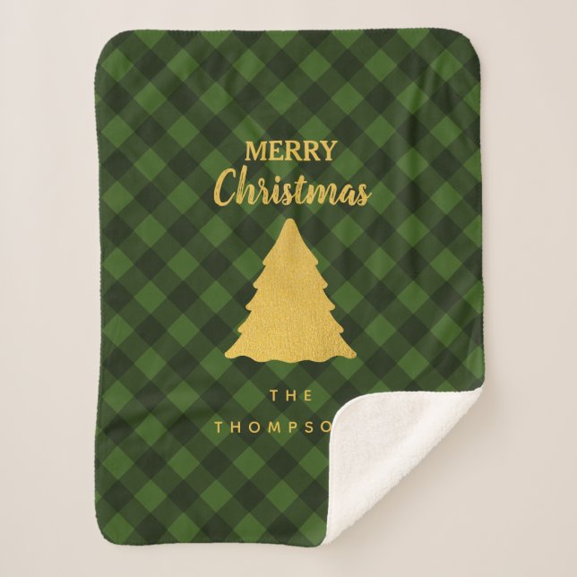 Christmas Green & Black Buffalo Plaid Xmas Tree Sherpa Blanket (Front)
