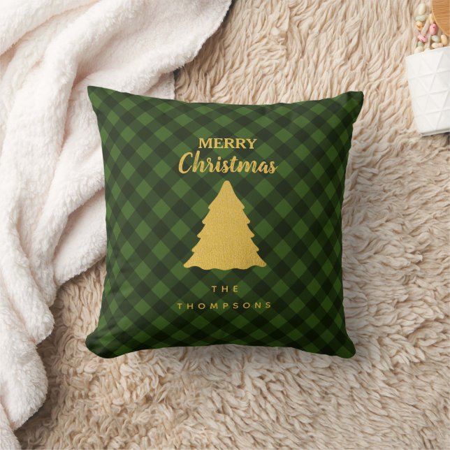 Christmas Green & Black Buffalo Plaid Xmas Tree Throw Pillow (Blanket)
