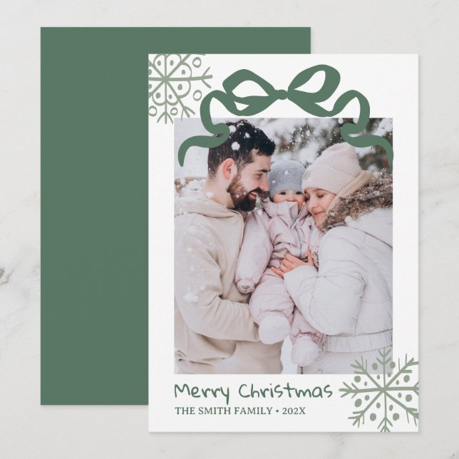 Christmas Green Bow snowflakes Photo card  (Front/Back)