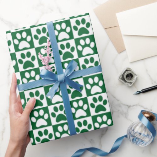 Christmas Green Checkered Paw Prints Pattern  Wrapping Paper