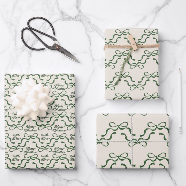 Christmas Green & Cream Modern Holiday Tiny Bows  Wrapping Paper Sheets (Front)