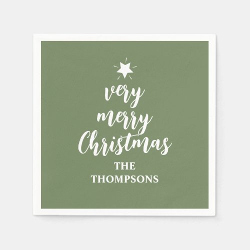 Christmas Green Cute Tree Star Typography Party Napkins