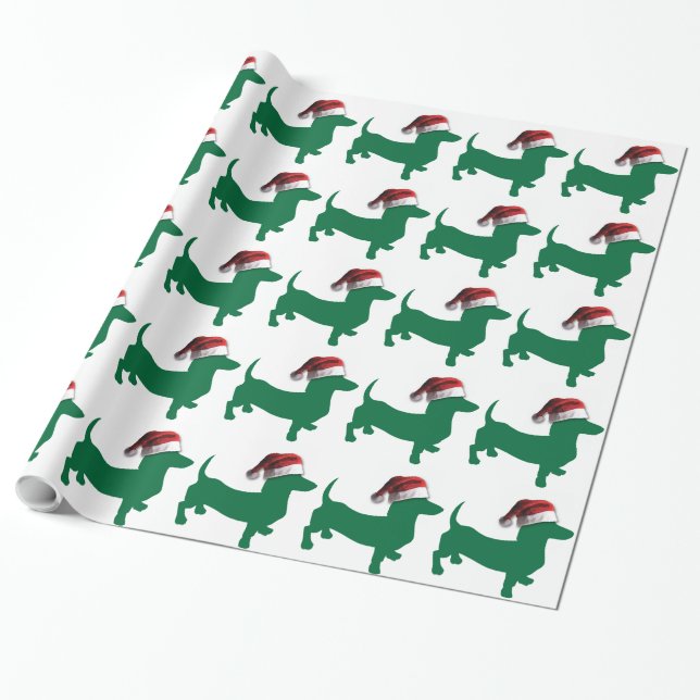 Christmas Green Dachshund Wrapping Paper (Unrolled)