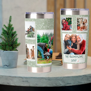 Christmas Green Doodles 6 Photo Family Gift Insulated Tumbler