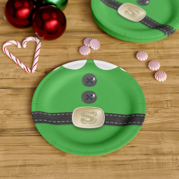 Christmas Green Elf Suit Monogram Kids Santa Party Paper Plates by mothersdaisy at Zazzle