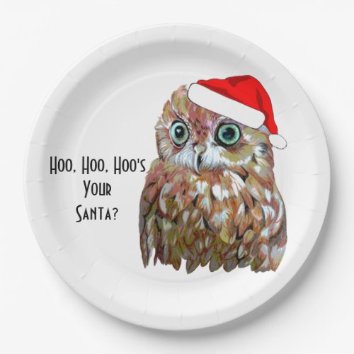 Christmas Green Eyed Hoot Owl with Santa Hat Paper Plates
