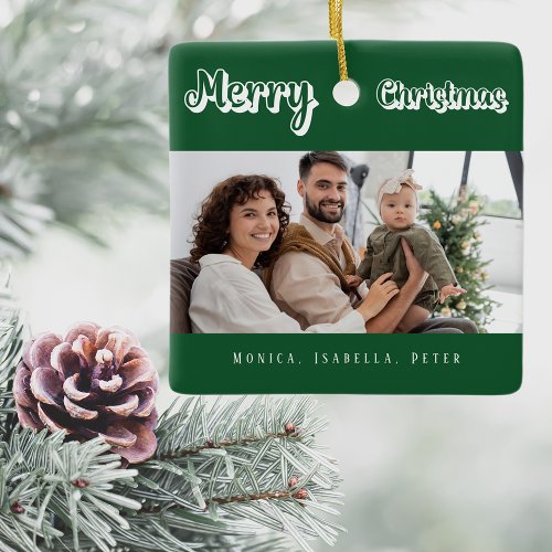 Christmas green family photo names modern ceramic ornament