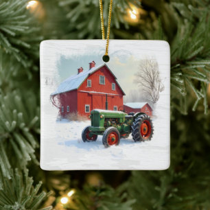 Christmas Green Farm Tractor and Red Barn Ceramic Ornament
