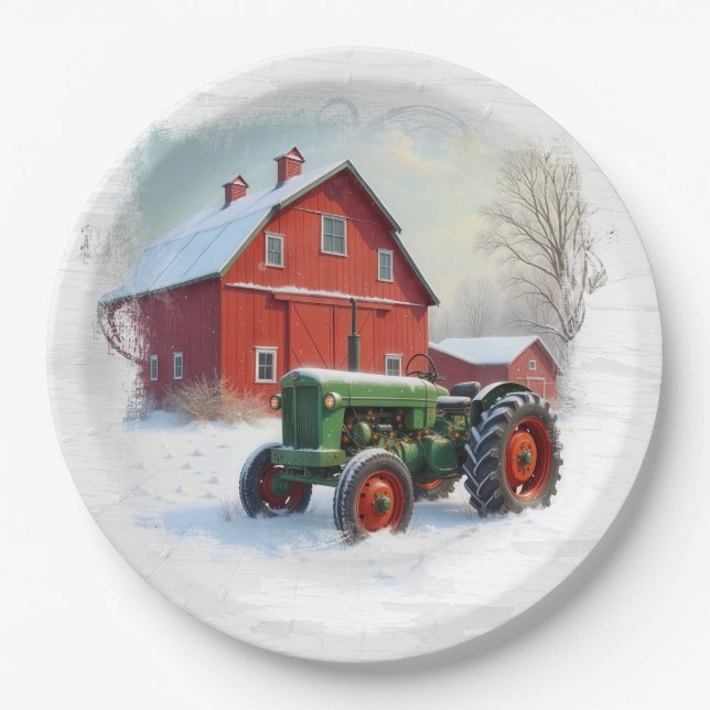 Christmas Green Farm Tractor and Red Barn Paper Plates (Front)