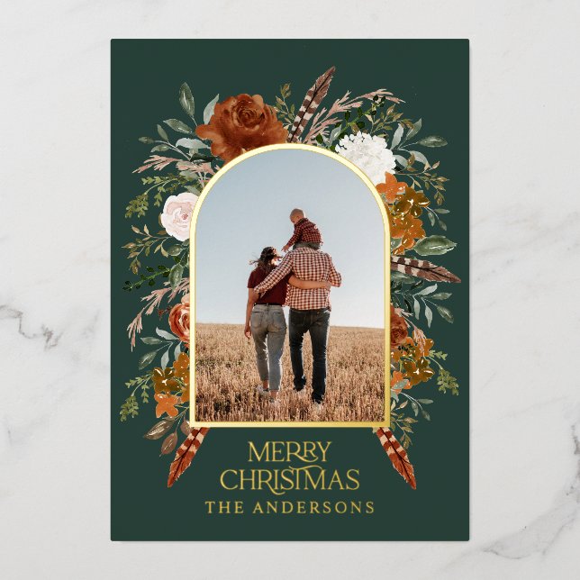 Christmas green floral arch photo elegant rustic foil holiday card (Front)