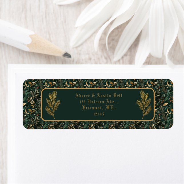 Christmas Green Floral Background Gold Pine  Label (Insitu)