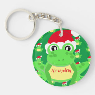 Christmas Green Frog Santa Hat Pattern Novelty Keychain