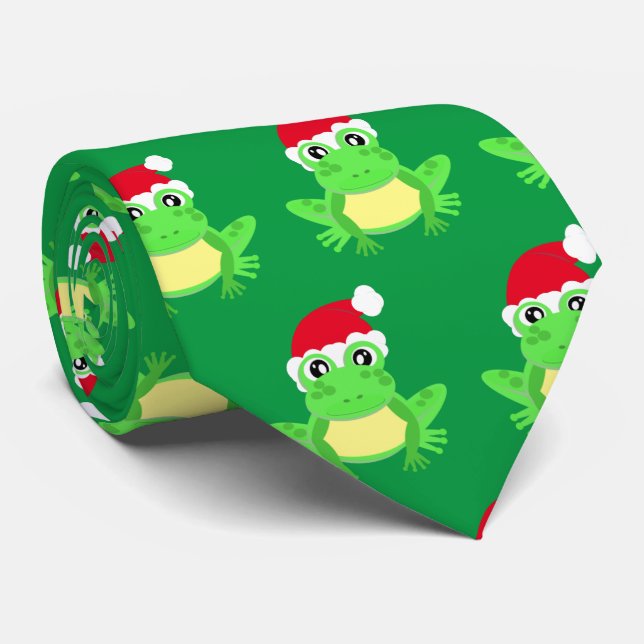Christmas Green Frog Santa Hat Pattern Novelty  Neck Tie (Rolled)