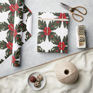 Christmas Green Garland Red Rows Gold Accent  Wrapping Paper