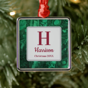 Christmas Green Gemstone Family Initial Monogram Metal Ornament