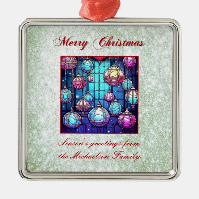 Christmas Green Glitter Stained Glass Bauble Metal Ornament (Front)