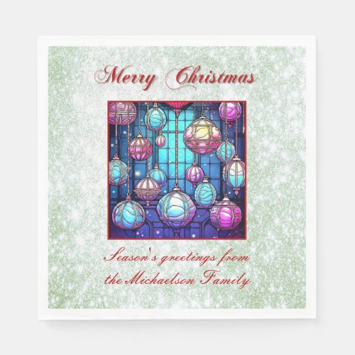 Christmas Green Glitter Stained Glass Bauble Napkins