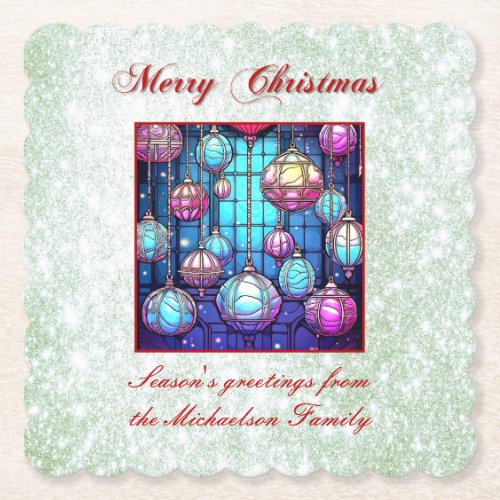 Christmas Green Glitter Stained Glass Bauble Paper Coaster