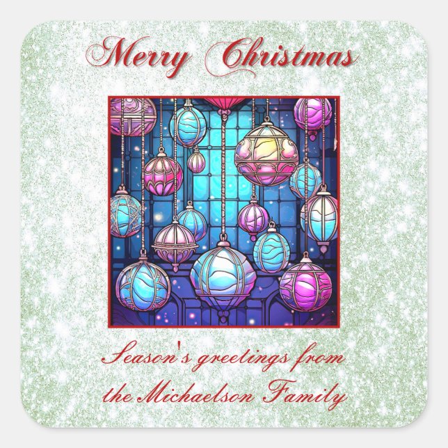 Christmas Green Glitter Stained Glass Bauble Square Sticker (Front)
