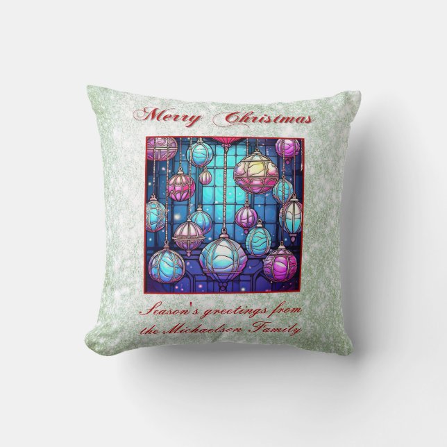 Christmas Green Glitter Stained Glass Bauble Throw Pillow (Front)