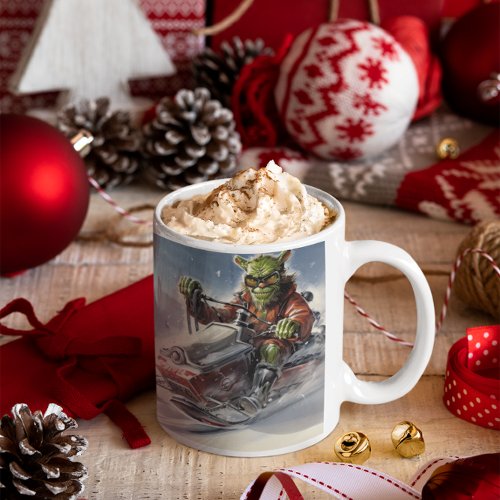 Christmas Green Goblin 6 riding a snowmobile    Coffee Mug