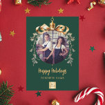 Christmas green gold bauble business photo logo holiday postcard<br><div class="desc">Elegant Custom Christmas Cards for Businesses Celebrate the season with our sophisticated modern green-background Christmas cards, designed especially for businesses. Personalize with your company’s photo and logo framed within a golden Christmas tree bauble for a festive, professional look. Add your business name and a custom greeting on the front, and...</div>