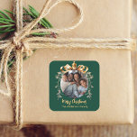 Christmas green gold bauble family photo square sticker<br><div class="desc">A green background. Personalize and add your own photo.  A golden Christmas tree bauble as frame. Add your family name.</div>