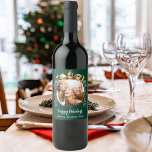 Christmas green gold bauble friends photo party wine label<br><div class="desc">Personalized Christmas Wine Bottle Labels – Perfect for Holiday Gatherings and Gifts Make your holiday celebrations extra special with these elegant, customizable wine bottle labels. Featuring a classic green background and a festive golden Christmas tree bauble as a frame, these labels allow you to add a personal touch with your...</div>