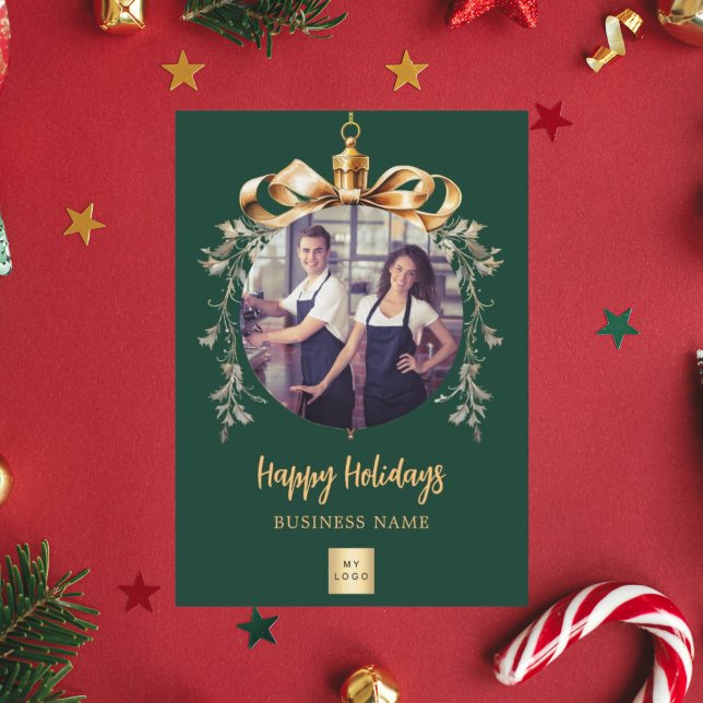Christmas green gold bauble photo business logo holiday card (Creator Uploaded)
