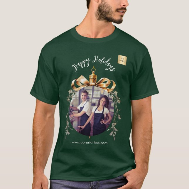 Christmas green gold bauble team photo logo T-Shirt (Front)