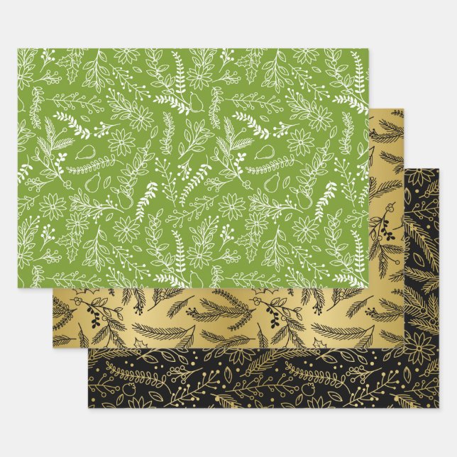 Christmas Green Gold Black Winter Botanical Wrapping Paper Sheets (Set)