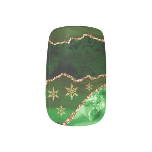 Christmas Green Gold Glitter Agate and Snowflakes Minx Nail Art