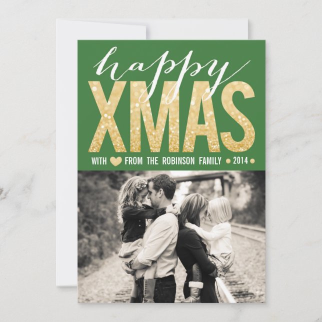 Christmas Green Gold Glitter Photo Flat Card (Front)