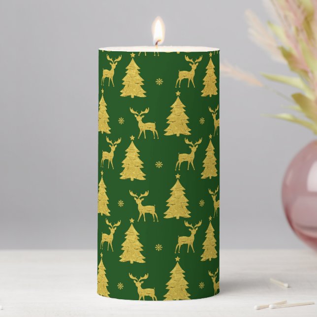 Christmas Green Gold Reindeer Xmas Tree Snowflake  Pillar Candle (In Situ)