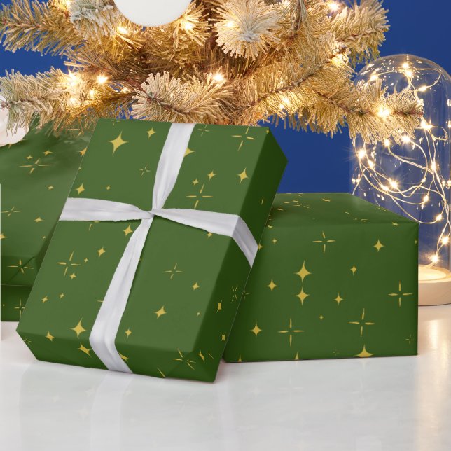 Christmas Green Gold Stars and Sparkles Gift Wrapping Paper (Holidays)
