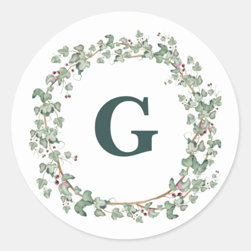 Christmas Green Ivy Wreath  Red Berries Classic Round Sticker