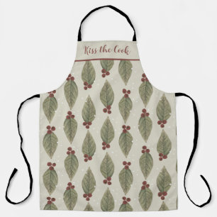 Christmas Green Leaves Red Berries Apron