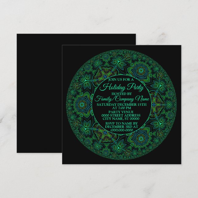 Christmas Green Mandala Holidays Party Black Invitation (Front/Back)