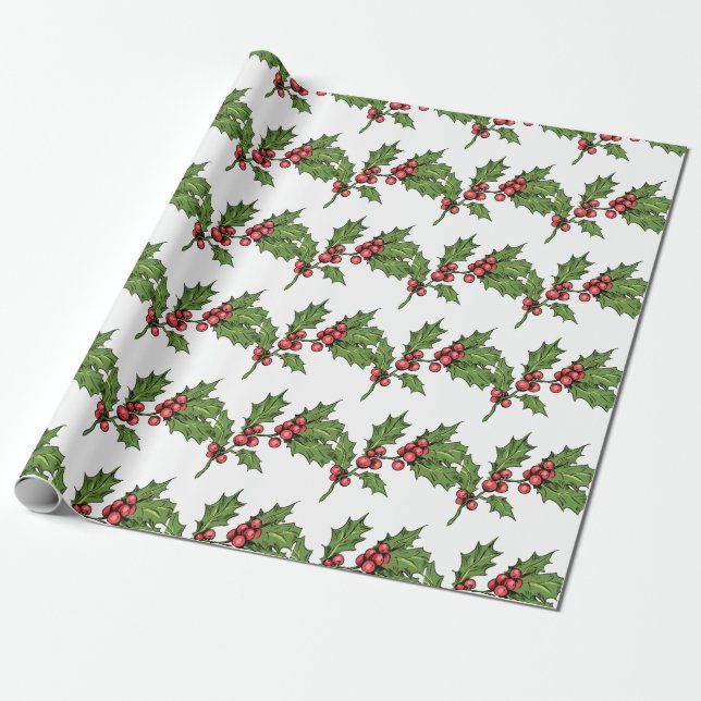 Christmas Green Mistletoe Pattern Wrapping Paper (Unrolled)