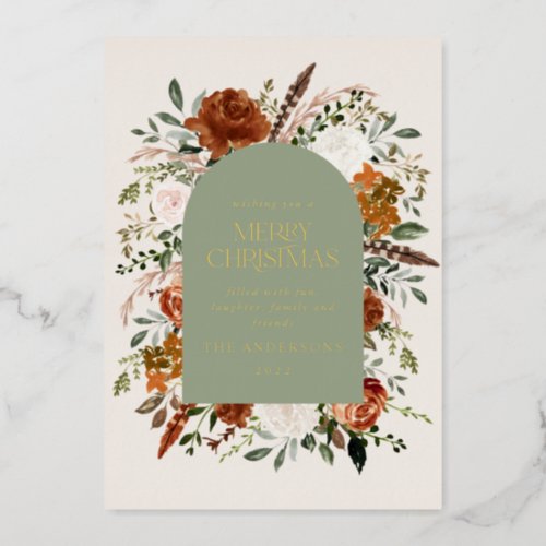 Christmas green non photo elegant stag floral  foil holiday card