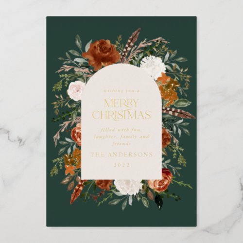 Christmas green non photo elegant stag floral foil holiday card