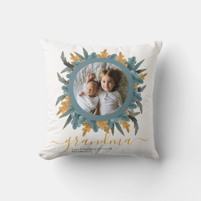 Christmas Green Orange Wreath Photo Personalized Throw Pillow (Front)