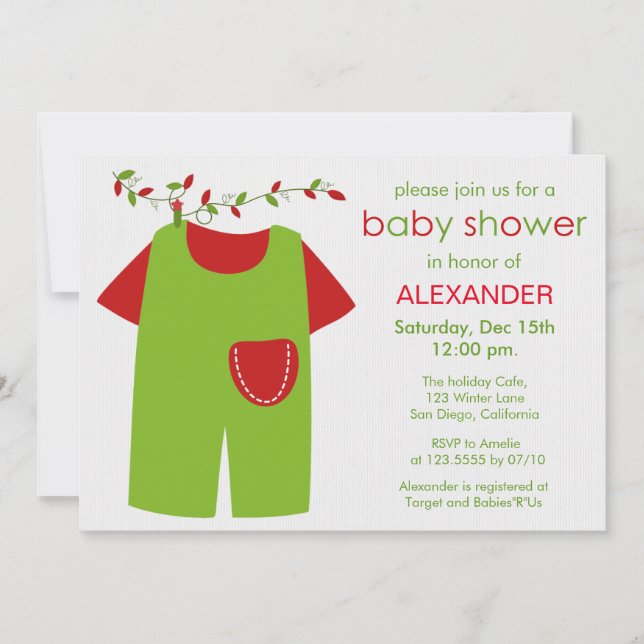 Christmas Green Outfit Boy Baby Shower Invitation (Front)