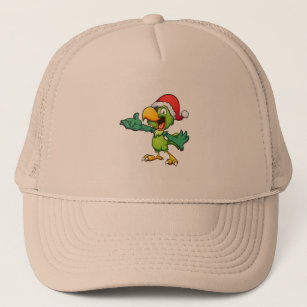 christmas green parrot with eye patch and santa ha trucker hat